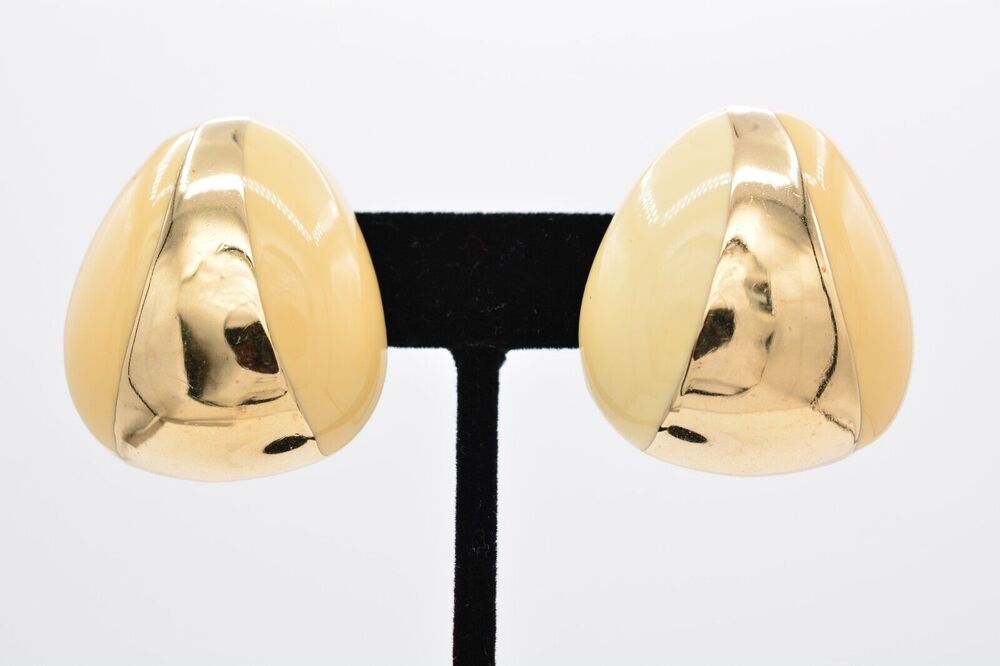 Ciner Vintage Clip Earrings Off White Cream Heavy Gold Chunky Signed AS IS BinAA